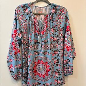 Floral Bohemian Blouse - Blue and Coral Pink